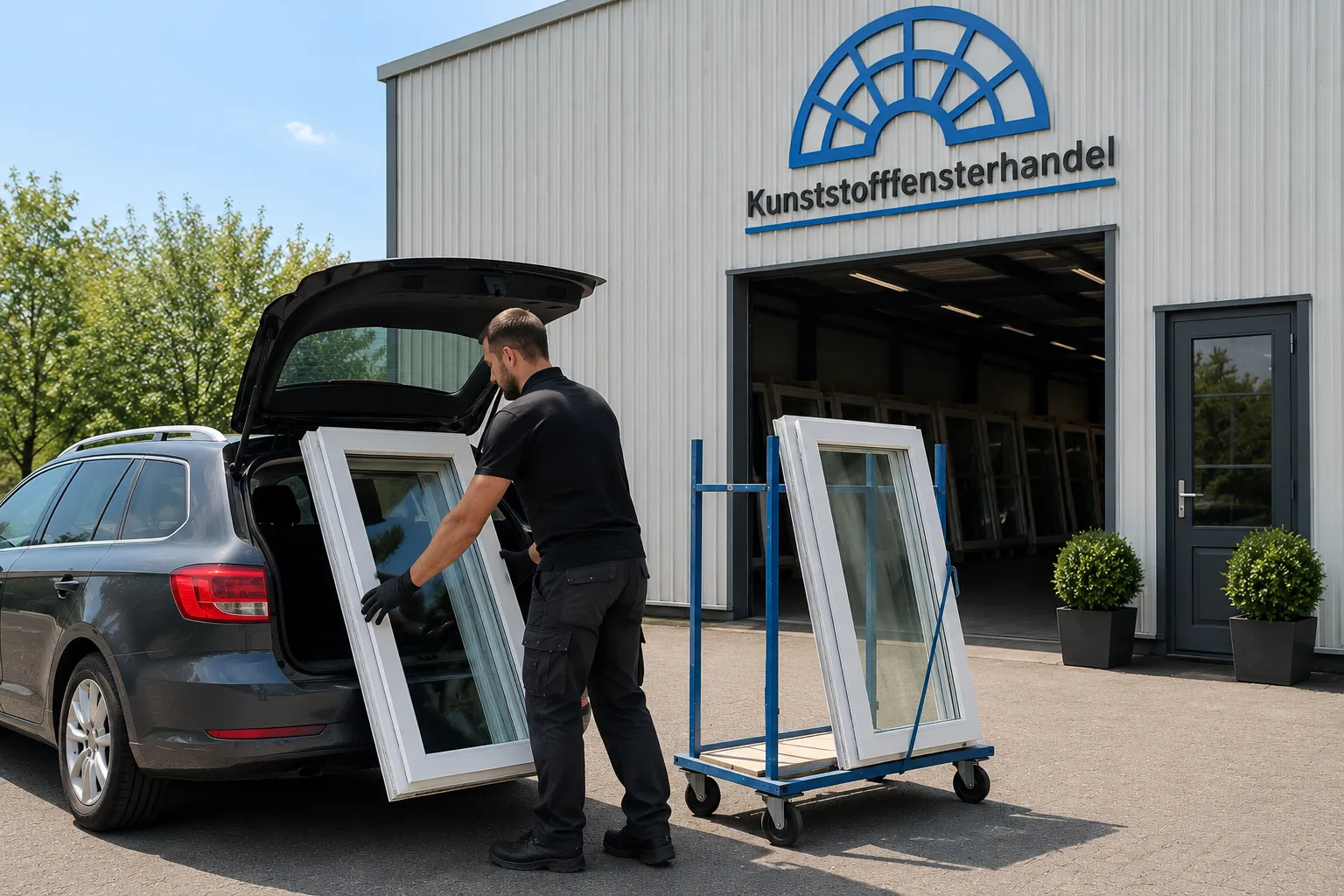 Mitarbeiter verlädt ein Kunststofffenster am Betriebsgelände in Stuhr